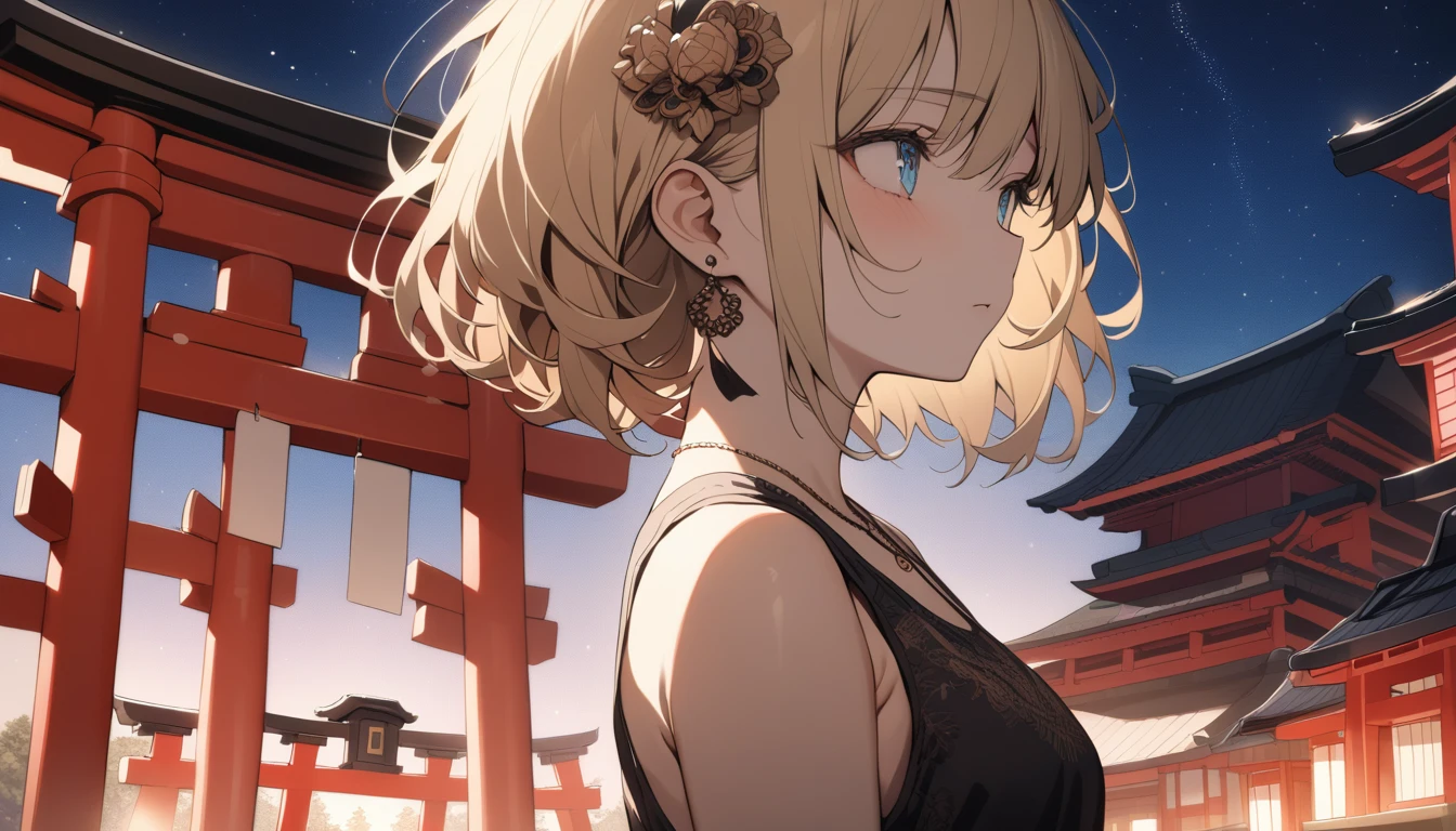 (masterpiece), (best quality), (ultra detailed), 1 girl, 20 years old , standing, close up, from side, tank top, hair ornament, earrings, necklace, short hair, blonde hair, sad, looking away, shrine, temple, torii, beautiful starry sky, cinematic lighting, stunning face, symmetrical clear eyes, detailed eyes and face