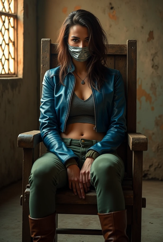 (photorealism:1.5), Kay to Star Wars Outlaws, wear a blue short leather jacket, brown leather boots, green jeans, mouth tied, her hands are tied behind her back, duct tape, silver tape, gagged, her tied to an old prison chair, her legs are tied to an old prison chair, indoors, few light, soft dark room, realistic, He is held captive in a Star Wars Outlaws prison ,sharp details, warm colors, latticed window, angry