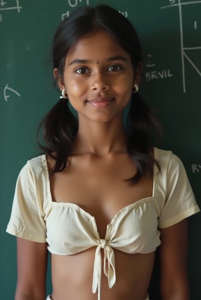 1 Cute sexy SriLankan Tamil girl with two pigtails hair fully naked due to poverty, trying to cover her cute grown boobs with front torn front fully unbuttoned, front untied open in the middle blouse. So her cute almost all middle boobs and under boobs are clearly visible like topless standing in front of black board in classroom