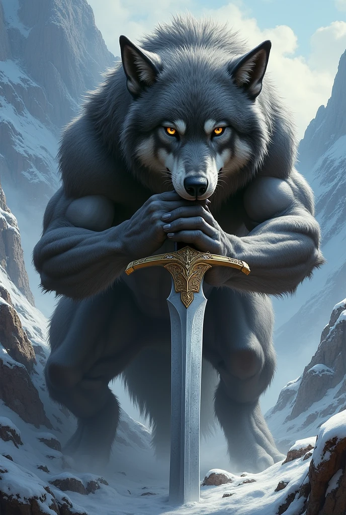 Wolf holding sword in mounth in style