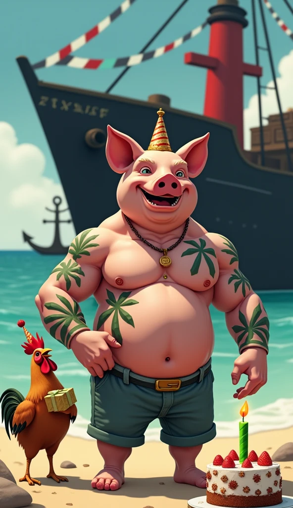 A muscular pig, puffy chest and shirtless, green tattoos, celebrating his birthday on the beach sand, background decoration a black ship black ship thick red Maltese cross, anchor in the sea, green birthday cake candle in the shape of a thick red cross, guest bird muscular rooster, puffy chest, holding gift, wearing birthday hat