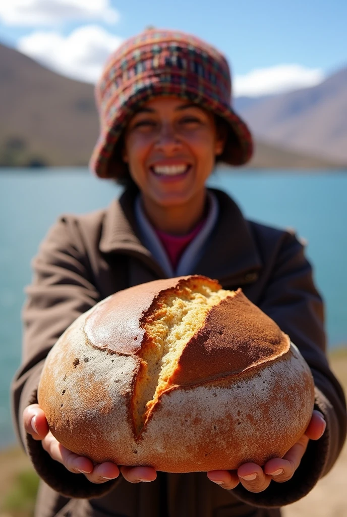 
artisanal bread from Puno in Peru for social networks image with the background of Lake Titicaca, baker with indigenous highland chullo presenting the bread
