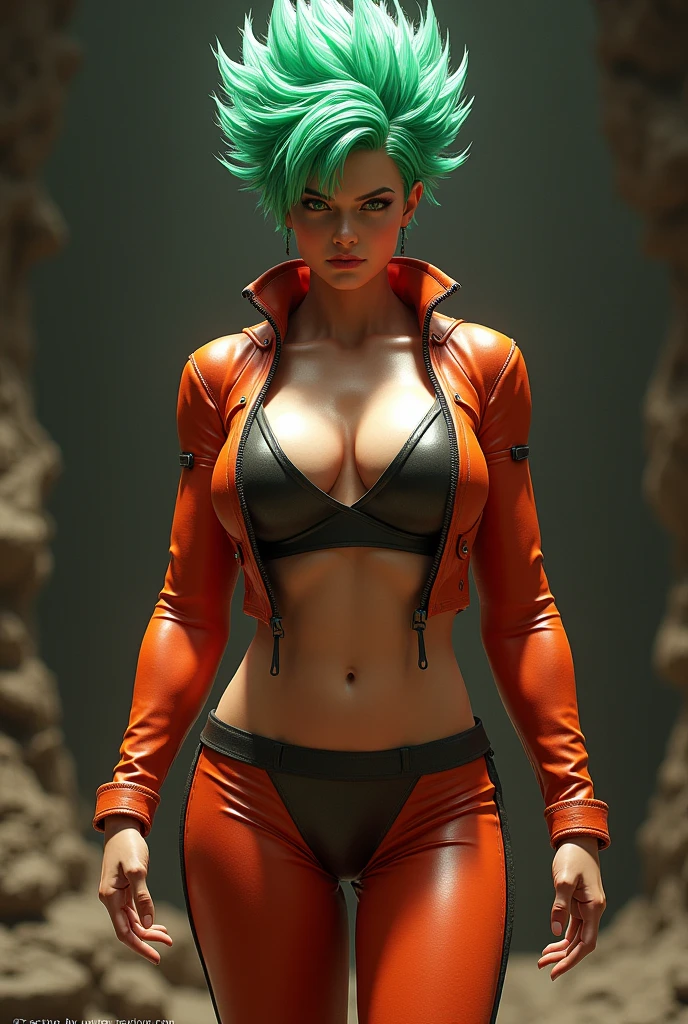 ((perfect anatomy:1.2,realistic:1.3,RAW Photography:1.3,masterpiece、highest quality、Ultra - High resolution、High resolution、Highly detailed CG、8K)), image of a super saiyan, The outfit should be alluring ,overly revealing,(((exposed breasts))), unzipped:1.2, ((breasts popping out)), ((costume is unzipped from her chest to her vagina)), narrow waist, wide hips ((bare chest)),very thin slender body, thigh gap, short hair, green hair, dragon ball spiky hair,