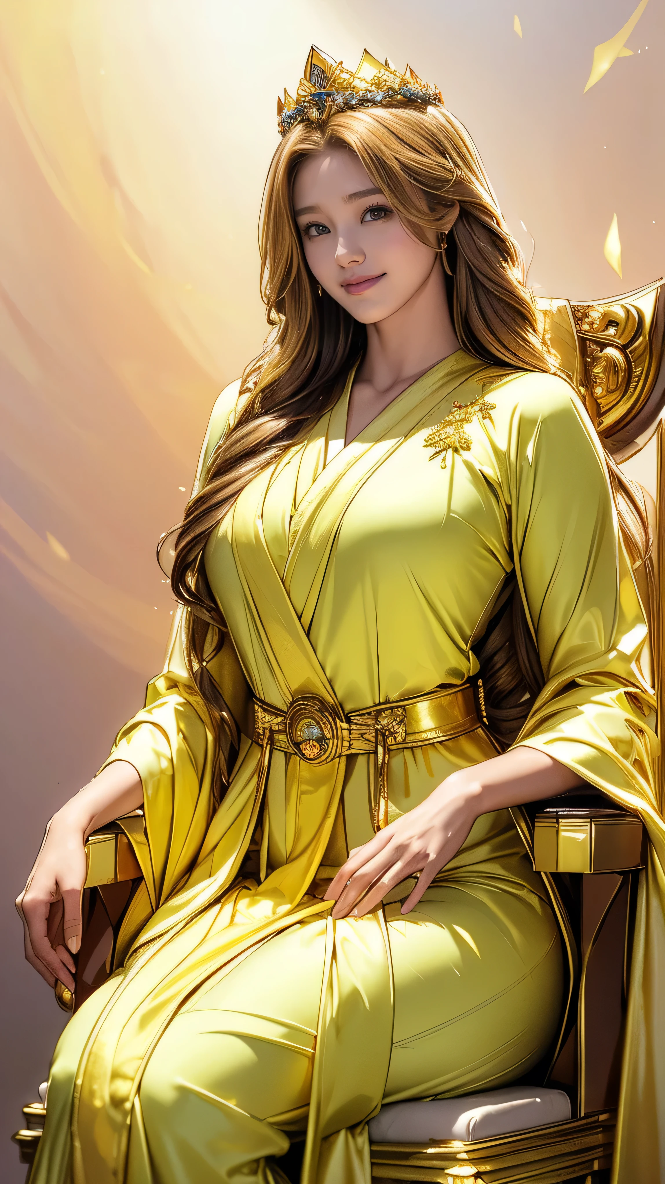 (Very detailed, Realistic, Highest quality, 4K, 8k, High resolution, masterpiece:1.3), An attractive flight attendant with a graceful and elegant figure. Erin Anderson is tall and slender, long, Long, wavy, golden blonde hair styled in loose curls. Long hair that reaches down to the buttocks.She has attractive, friendly, bright green eyes.(Long hair that reaches down to the buttocks:1.5)((とてもlong髪))((Smile、Embarrassed smile)) ((breathtaking beauty, flowing mini robes, golden crown on her head, goddess-like demeanor, ethereal atmosphere, majestic throne:1.3)),