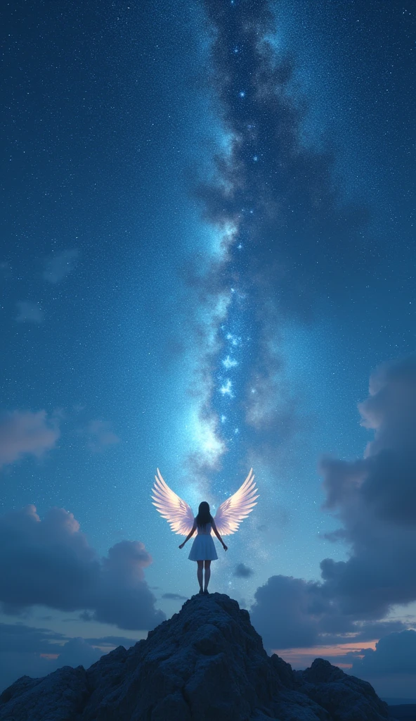 ((masterpiece, Highest quality, Best image quality, High resolution, Realistic, RAW Photos, 8k)), ((Highly detailed CG synthesis 8k wallpaper)), (Starry sky background、A beautiful star is shining、The girl flew off into the sky on her white wings.、Smiling kindly at the audience、A girl&#39;s smile floating vaguely in the starry sky、Mysterious starry sky、Incredible beauty, Perfect Proportions:1.4), Looking up at the stars from the ruins of ancient Greece,From Mount Olympus、 Movie Posters, past, present and future,