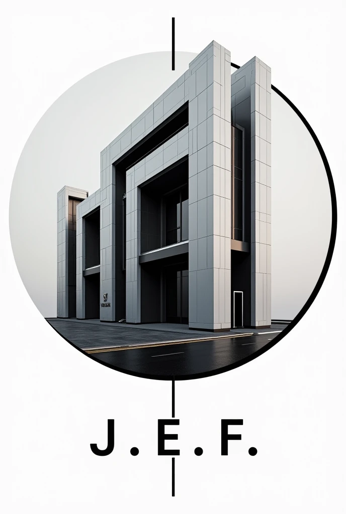 Make a futuristic building design with black and white inside a circle border, that is visible the initial J. E. F.