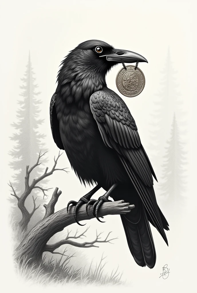 crow, sitting on a branch and holding a medallion with a kolovrat in its beak , draw with pencil in scandinavian style 