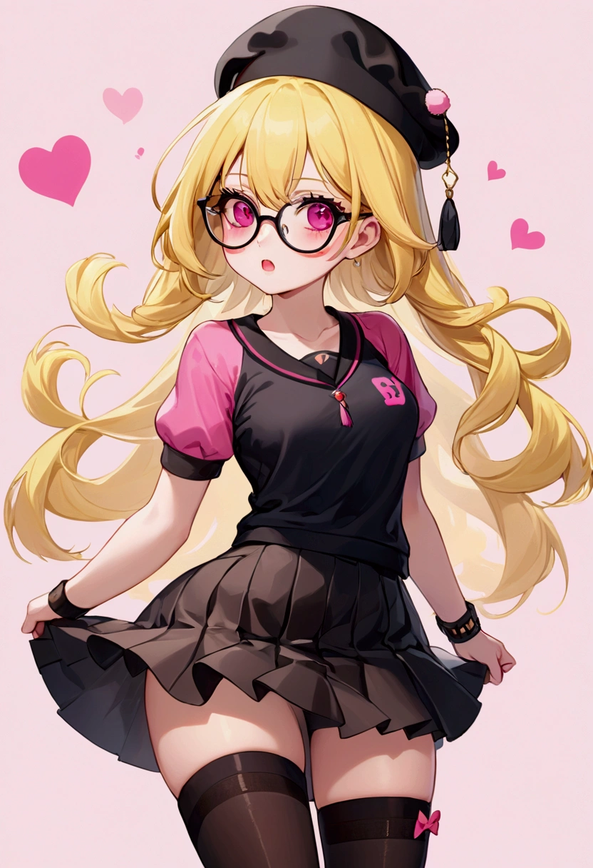 that she has a chest disease, is extremely daring, has yellow hair, a black beret with pompoms, black glasses, pink eyes, and is extremely blushed, a pink censorship chart, a short black skirt, black mesh stockings, white sneakers, and is a shy girl.