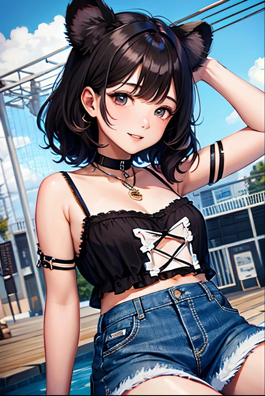 ((Highest quality)), ((masterpiece)), ((detailed)), (4K), 1girl, 独奏, black hair, bob cut, Tube top, denim shorts, leaning forward, large breasts, naughty face, looking at viewer, (from above), town, rain, wet, see through