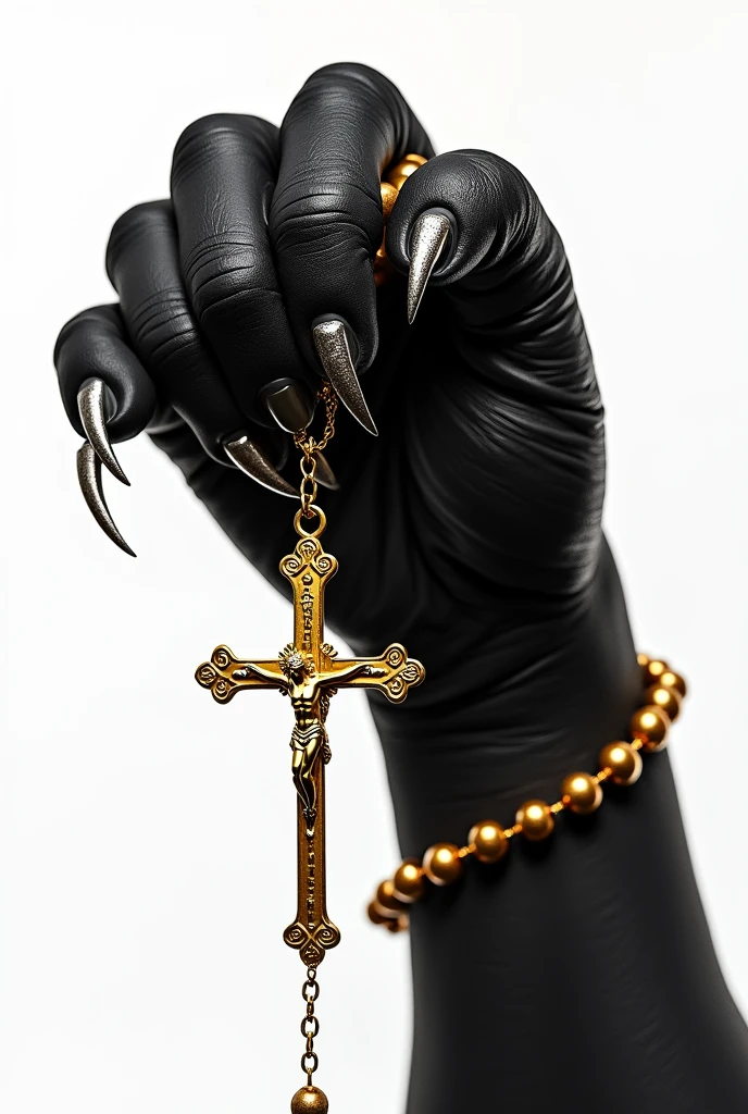 the hand of a black panther with a catholic rosary wrapped around the entire hand in gold color and the background of the image in white color