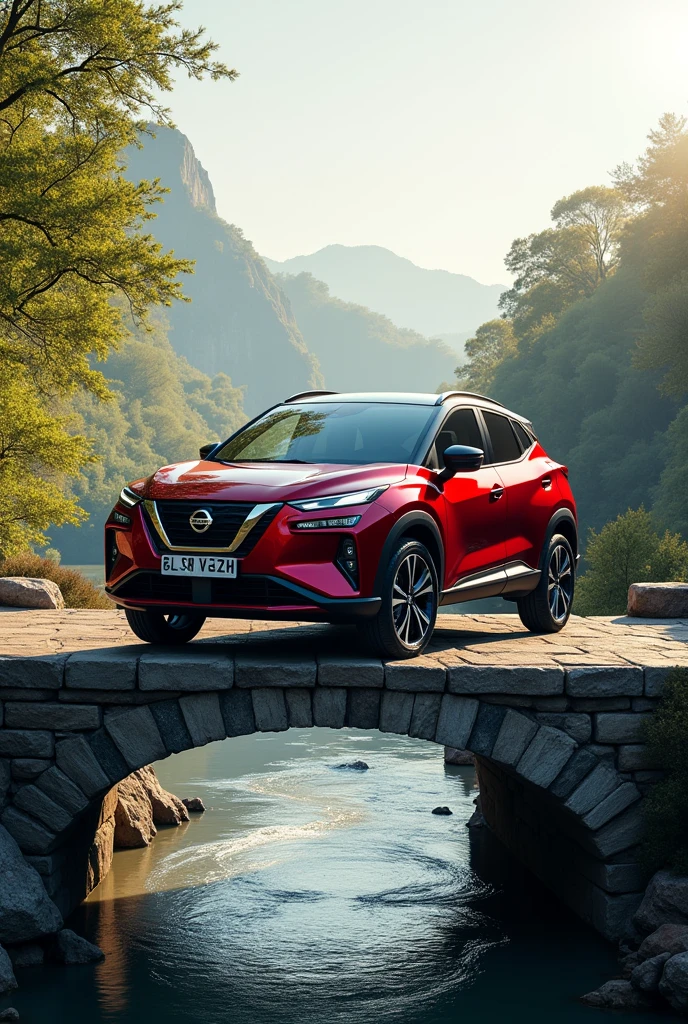 A nissan magnite of red colour on the bridge with water flowing below the bridge...
