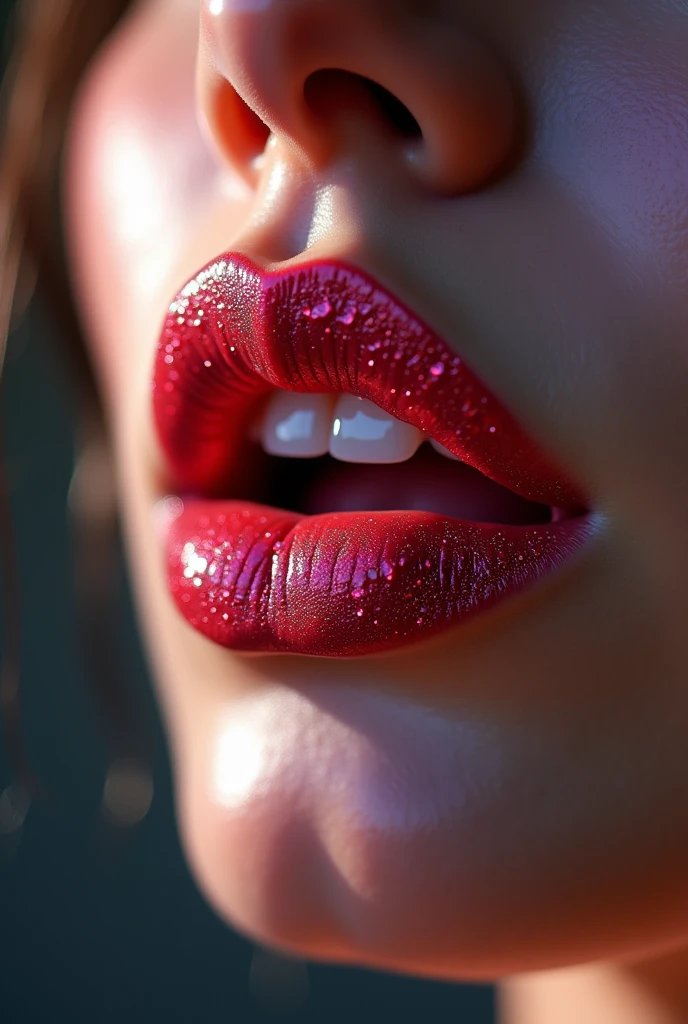 Extreme closeup of female mouth, glittery lipgloss