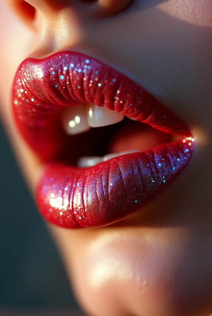 Extreme closeup of female mouth, glittery lipgloss 