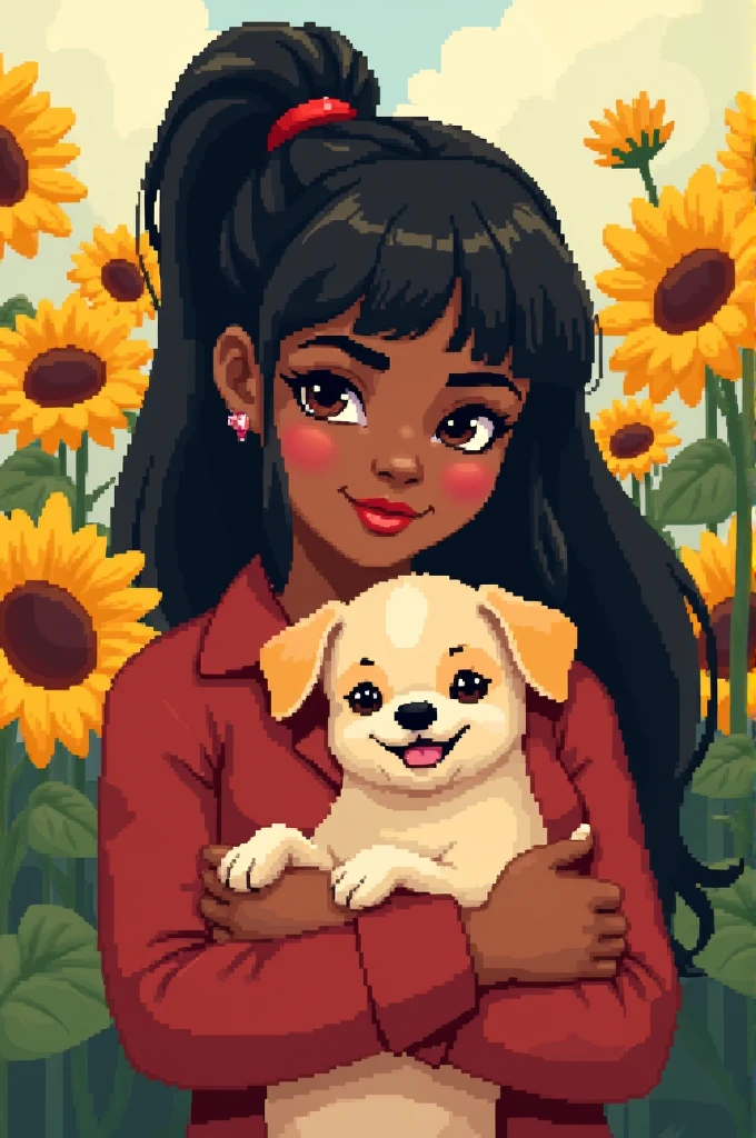 Believe me girl dark skin bangs black hair sunflowers background Disney pixal hugging cream colored Chihuahua dog 🧴