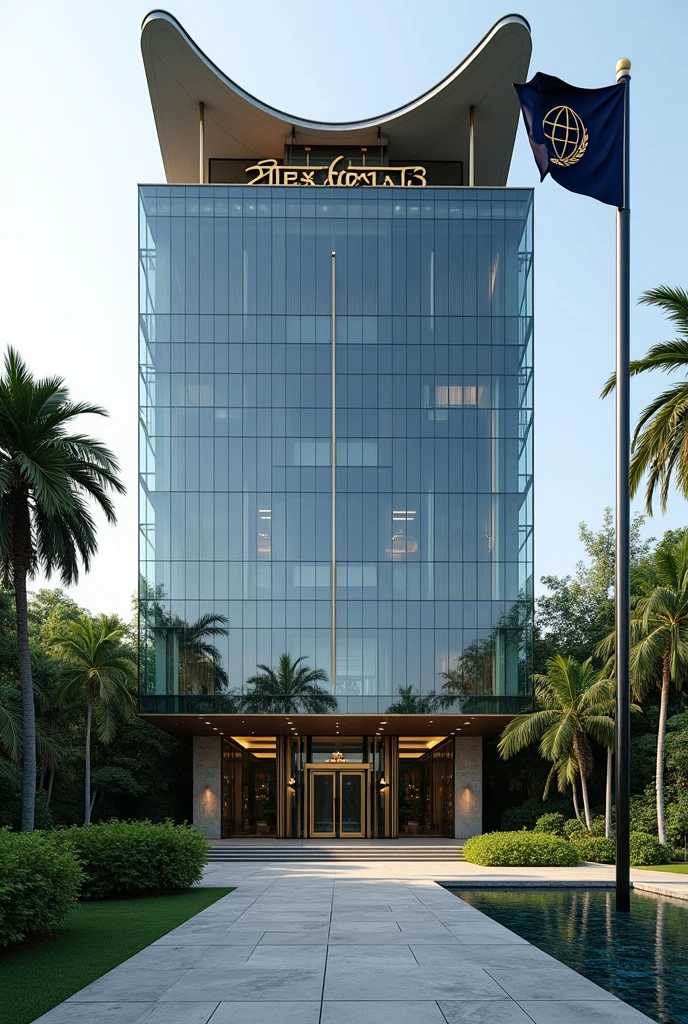 A company headquarters with,



The image showcases a modern building with distinct Singaporean architectural elements. The building features sleek glass facades, clean lines, and an elegant, minimalist design that reflects a blend of modernity and traditional Southeast Asian influences. The structure rises several stories high, with a curved roof inspired by the traditional "Minangkabau" style, slightly flaring at the edges.

At the top of the building, prominently displayed is a large sign that reads "APEX GLOBAL HOLDINGS EMBASSY" in bold, metallic letters, illuminated subtly for a sophisticated look. The lettering is centered above the main entrance, which is framed by two large, polished stone pillars.

The building is surrounded by a lush, well-manicured compound, featuring a variety of tropical plants, palm trees, and a koi pond that reflects the building's modern yet organic design. A wide, stone pathway leads to the entrance, bordered by low, neatly trimmed hedges.

Flag Description:

A flagpole stands to the right of the main entrance, positioned near the koi pond. The flag of Apex Global Holdings is flying atop it, featuring a deep navy blue background with a golden emblem at the center. The emblem is a globe encircled by olive branches, symbolizing peace and global reach, with the letters "AGH" elegantly inscribed at the bottom of the globe in a bold, modern font. The flag waves gently in the breeze, adding a sense of dignity and prestige to the setting.

The entire scene is set against a clear blue sky, with the building’s glass facade reflecting the natural surroundings, enhancing the serene and prestigious ambiance of the compound