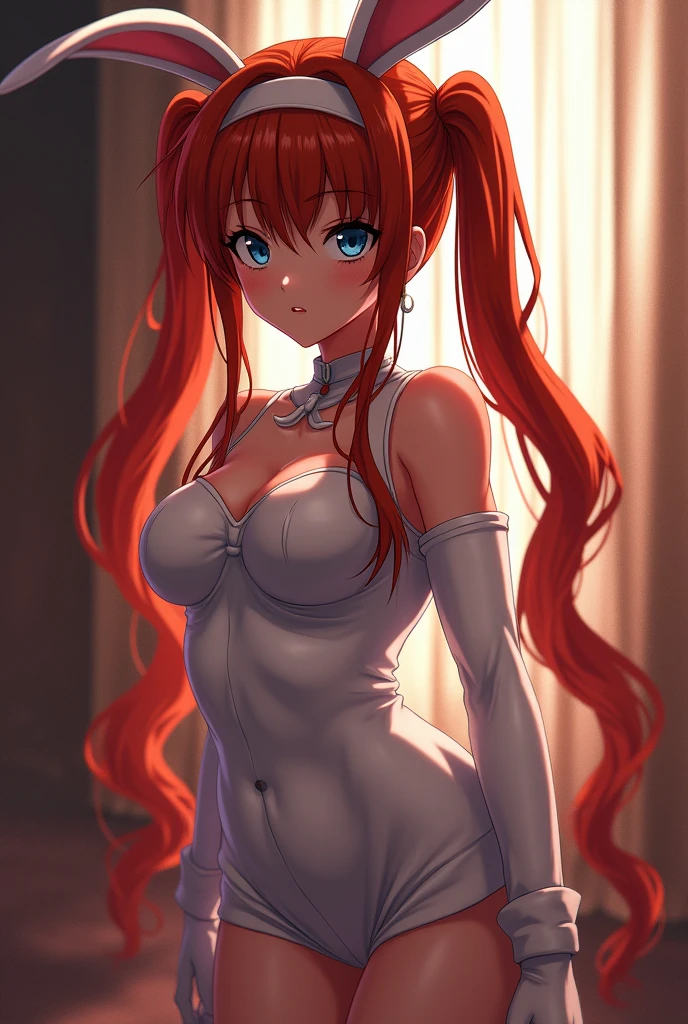 (photorealism:1.2), (best quality), high resolution, Asuka Langley Soryu, Beautiful Pretty Mixed German Babe, ((Beautiful face)), sexy lips, Gingers Twin tails headband long Hair, intense gaze, dark blue detailed beautiful eyes, combine realism and anime influence, a woman in a rabbit costume posing for a photo, slim, sexy pose, attractive pose, elegant standing pose, dynamic lighting
