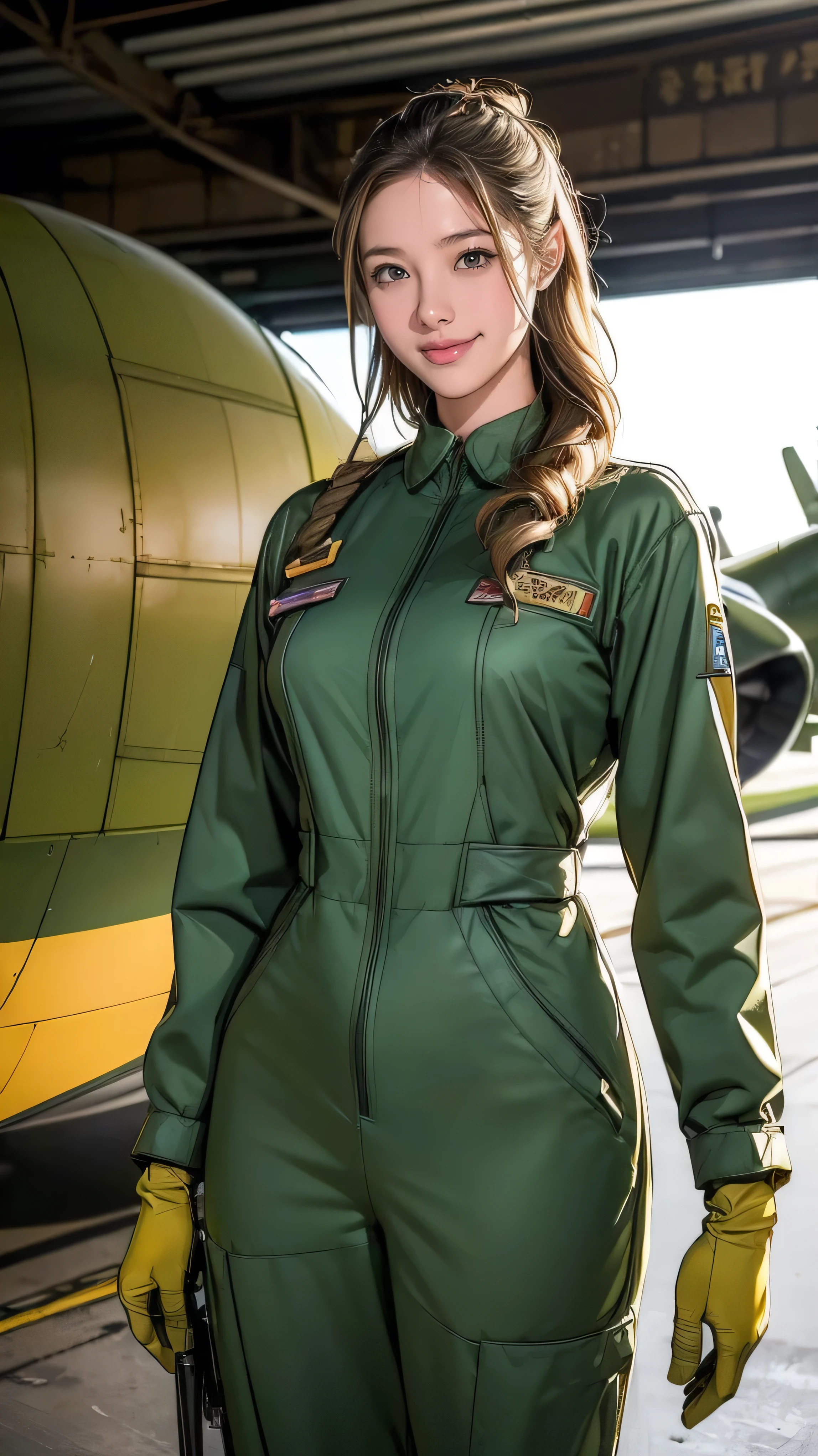 (Very detailed, Realistic, Highest quality, 4K, 8k, High resolution, masterpiece:1.3), An attractive flight attendant with a graceful and elegant figure. Erin Anderson is tall and slender, long, Long, wavy, golden blonde hair styled in loose curls. Long hair that reaches down to the buttocks.She has attractive, friendly, bright green eyes.（Long hair that reaches down to the buttocks:1.5）((とてもlong髪))((Smile、Embarrassed smile))((Realistic image of a extremely pretty female Aircraft mechanic, solo), Inside a spacious Aircraft hangar, Monoplane fighters of the World War II era line the background, Aircraft parts scattered on the floor, Tools for maintenance, She does aircraft maintenance, (wearing Military camouflage patterned Long-sleeved mechanic's coverall), (wearing mechanic's heavy-duty glove), (Wearing a headset), her hair is tied back later, very professional mechanic, inscrutable smile
