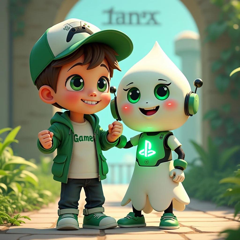 Create two characters that interact with each other. The two characters are friends through many adventures. 
Character 1: Boy approximately 1 . He is tall. His facial expression is friendly and smiling., with big green eyes that convey a sense of curiosity and joy. your hair is short, brown in color and slightly disheveled, visible under the CAP. His cap is green and has a Playstation 5 controller printed on the front.. He wears a white T-shirt under a hooded jacket and matching cap.. The jacket has the word "Soulgamer" written visibly at chest height. He wears loose black pants that fit comfortably over green sneakers that match his jacket and cap., with white shoelaces tied tightly. Character 1 is standing with the fist of one of his hands clenched while the fist of his other hand is raised as if he is celebrating.. 
Character 2: Medium-sized robot mascot with ghost-like appearance. Resembling a drop. On his hands he has five well-defined fingers. His facial expression has large, green eyes with a glow, conveying a friendly and cheerful expression. He has a small open mouth with a happy smile and flushed cheeks.. Its body is white with small green details and a smooth, slightly shiny texture.. He has a headset on his head with an adjustable microphone positioned close to his mouth.. And on his chest you can see the illuminated shape of a Playstation 5 controller in fluorescent green.. It floats in the air, as if he were ready for an adventure. 
The scene consists of a stone road with plants on the side and behind the characters you can see a portal where the word is written "Soul Gamer"