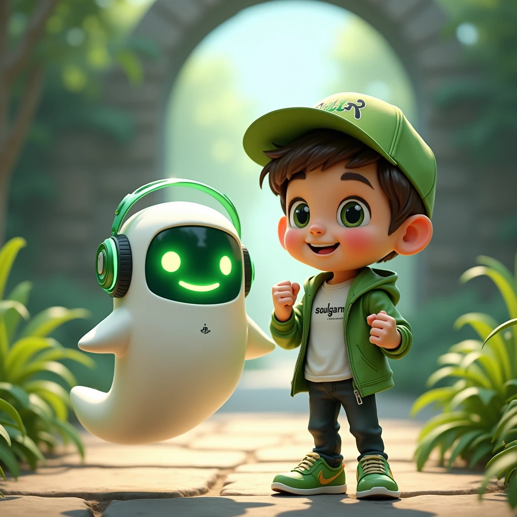 Create two characters that interact with each other. The two characters are friends through many adventures. 
Character 1: Boy approximately 1 . He is tall. His facial expression is friendly and smiling., with big green eyes that convey a sense of curiosity and joy. your hair is short, brown in color and slightly disheveled, visible under the CAP. His cap is green and has a Playstation 5 controller printed on the front.. He wears a white T-shirt under a hooded jacket and matching cap.. The jacket has the word "Soulgamer" written visibly at chest height. He wears loose black pants that fit comfortably over green sneakers that match his jacket and cap., with white shoelaces tied tightly. Character 1 is standing with the fist of one of his hands clenched while the fist of his other hand is raised as if he is celebrating.. 
Character 2: Medium-sized robot mascot with ghost-like appearance. Resembling a drop. On his hands he has five well-defined fingers. His facial expression has large, green eyes with a glow, conveying a friendly and cheerful expression. He has a small open mouth with a happy smile and flushed cheeks.. Its body is white with small green details and a smooth, slightly shiny texture.. He has a headset on his head with an adjustable microphone positioned close to his mouth.. And on his chest you can see the illuminated shape of a Playstation 5 controller in fluorescent green.. It floats in the air, as if he were ready for an adventure. 
The scene consists of a stone road with plants on the side and behind the characters you can see a portal where the word is written "Soul Gamer"