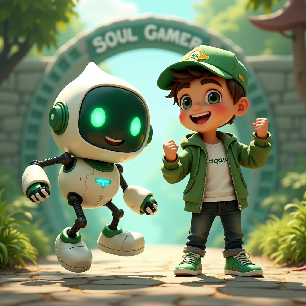 Create two characters that interact with each other. The two characters are friends through many adventures.
Character 1: Boy approximately 1 . He is tall. His facial expression is friendly and smiling., with big green eyes that convey a sense of curiosity and joy. your hair is short, brown in color and slightly disheveled, visible under the CAP. His cap is green and has a Playstation 5 controller printed on the front.. He wears a white T-shirt under a hooded jacket and matching cap.. The jacket has the word "Soulgamer" written visibly at chest height. He wears loose black pants that fit comfortably over green sneakers that match his jacket and cap., with white shoelaces tied tightly. Character 1 is standing with the fist of one of his hands clenched while the fist of his other hand is raised as if he is celebrating..
Character 2: Medium-sized robot mascot with ghost-like appearance. Resembling a drop. On his hands he has five well-defined fingers. His facial expression has large, green eyes with a glow, conveying a friendly and cheerful expression. He has a small open mouth with a happy smile and flushed cheeks.. Its body is white with small green details and a smooth, slightly shiny texture.. He has a headset on his head with an adjustable microphone positioned close to his mouth.. And on his chest you can see the illuminated shape of a Playstation 5 controller in fluorescent green.. It floats in the air, as if he were ready for an adventure.
The scene consists of a stone road with plants on the side and behind the characters you can see a portal where the word is written "Soul Gamer"