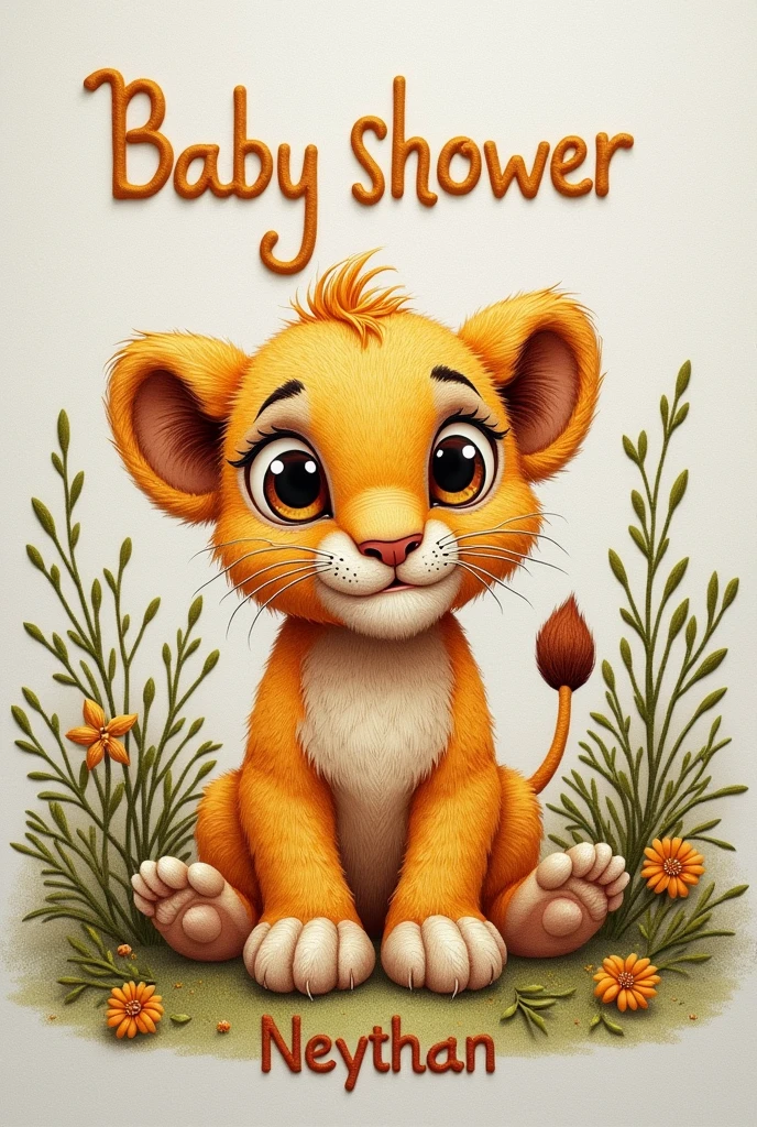 Safari lion baby to embroider that at the top has a text that says Baby Shower in the middle the image of the baby lion and below it has the name Neythan