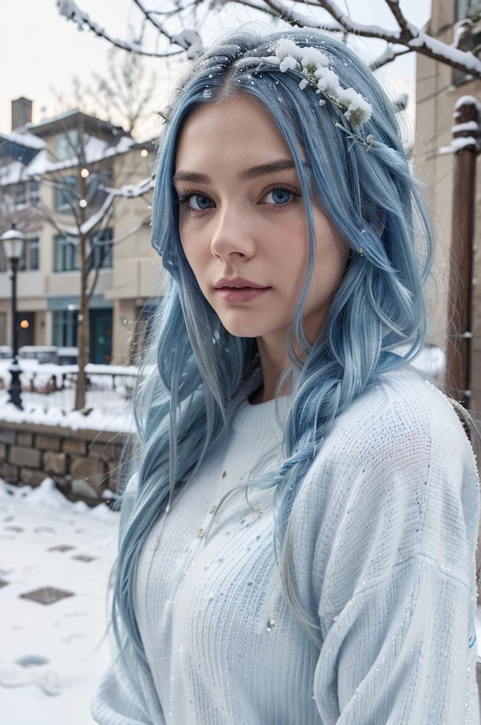 2 blue haired model, long hair, standing outside in the snow, portrait, stunning, white pullover, realistic face, light blue hair, long hair, close up of face