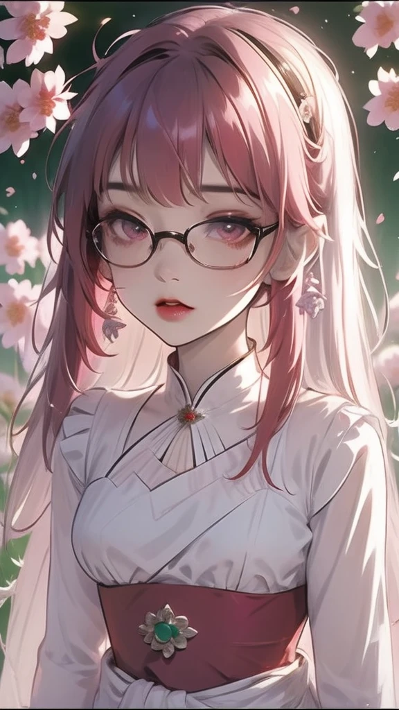 Asian peasant woman with bright red hair, Long hair down to the waist, straight and with bangs, bright, clear brown eyes, wears round prescription glasses, small, pink face, almost albino skin, big rosy cheeks, fleshy, reddened lips, small and delicate hands, chubby and short, in front of a simple white country house with flowers around and near a stream 