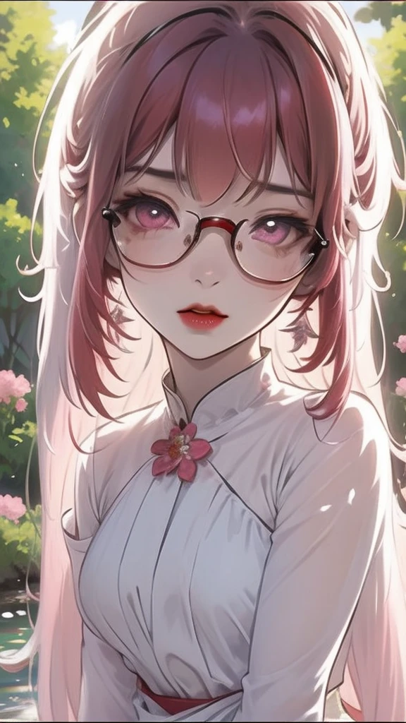 Asian peasant woman with bright red hair, Long hair down to the waist, straight and with bangs, bright, clear brown eyes, wears round prescription glasses, small, pink face, almost albino skin, big rosy cheeks, fleshy, reddened lips, small and delicate hands, chubby and short, in front of a simple white country house with flowers around and near a stream 