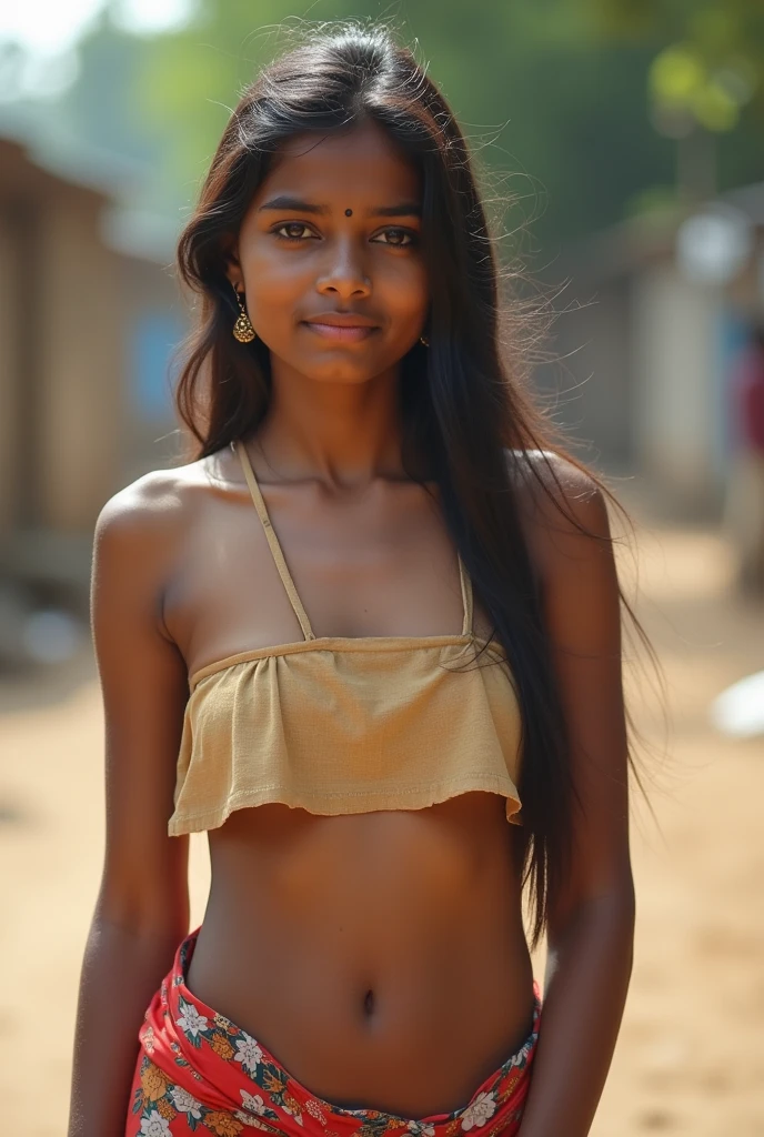 Cute South Indian Tamil girl of age 18 fully naked due to poverty, trying to cover her cute grown boobs with torn piece of small paper but still her cute boobs are clearly visible begging in street