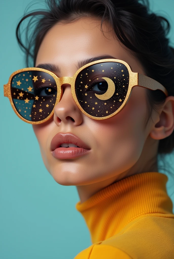 The model is wearing glass sunglasses with stars and the moon on the glass