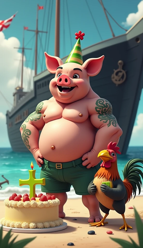 A muscular pig, puffy chest and shirtless, green tattoos, celebrating his birthday on the beach sand, background decoration a black ship black ship thick red Maltese cross, anchor in the sea, green birthday cake candle in the shape of a thick red cross, guest bird muscular rooster, puffy chest, holding gift, wearing birthday hat