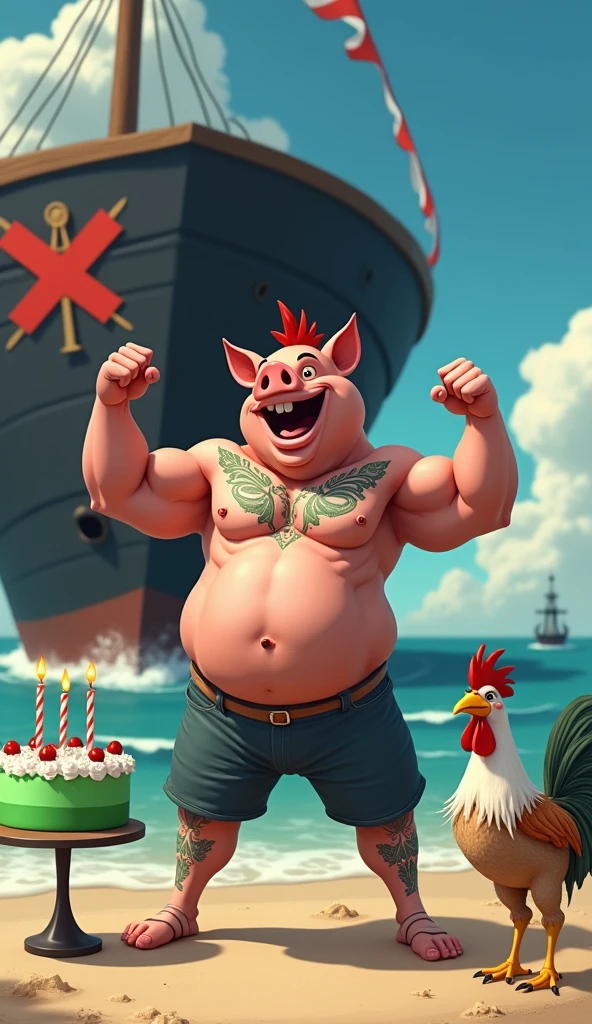 A muscular pig, puffy chest and shirtless, green tattoos, celebrating his birthday on the beach sand, background decoration a black ship black ship thick red Maltese cross, anchor in the sea, green birthday cake candle in the shape of a thick red cross, guest bird muscular rooster, puffy chest, holding gift, wearing birthday hat
