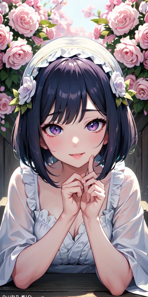 masterpiece、Highest quality、High resolution、High-quality images、8k, 1 female、Skin Radiance、Texture of skin and clothing、Expression of fine eyes、realism, detailed manga style, Manga art style, Perfect line drawing, Beautiful line art, digital manga art girl, Fuller lips, Gorgeous face with attention to detail, (smile), charm, Innocent, Side view, (Perfectly detailed face), (Beautiful Hands) Photorealistic images, Written boundary depth、Navy Blue Hair、Purple eyes、High resolution、vision、Shortcuts、amount、Trim your bangs、Bob、Slanted Eyes、、alone、whole body、garden、Light、Short bangs