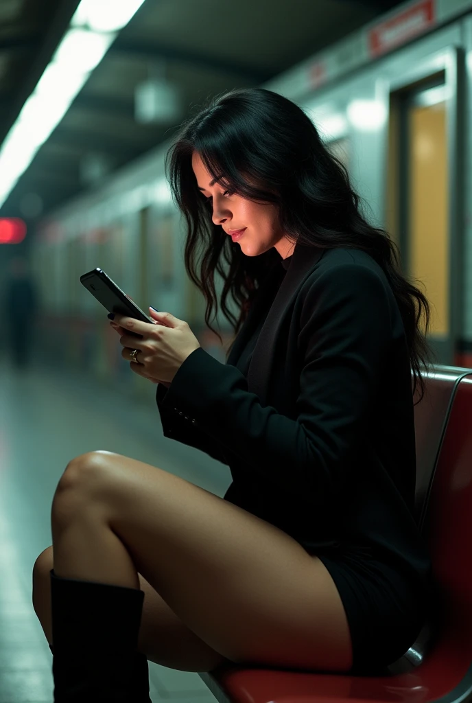ultra realistic, photography, long black straight hair, (30 years old, hazel eyes, hourglass figure, perfect fit body, natural big breasts), femme fatale, a beautiful girl wearing a black jacket, she is checking her Instagram on her phone, pantyhose, high boots, shorts, sitting on a bench in a subway station, leaning back, artifical lights, she has her legs crossed, perfect perspective, from the left, profile, masterpiece, best quality, european woman