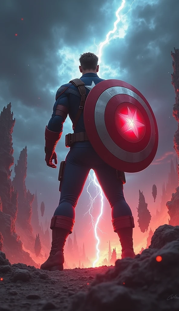 Clareza e Especificidade no Prompt: Captain America is positioned in the foreground, standing on the edge of a crumbling cliff that overlooks a vast, shattered landscape. The scene focuses on his reflective pose as he contemplates the broken fragments of what once was a stable timeline.
Detalhes Visuais: Captain America is shown from a slight side angle, his shield strapped to his back, glowing faintly from the remnants of the Reality Stone’s power. His posture is strong yet weary, with his head slightly bowed as he looks out over the devastated world. The landscape ahead is filled with jagged, floating landmasses, twisted trees, and remnants of past battles—all suspended in mid-air as if frozen in time. The sky is a deep, ominous blend of dark purples and blues, with streaks of light piercing through the clouds, hinting at a potential dawn or the last remnants of a dying world.
Contexto e Composição: The composition centers on Captain America, with the background expanding into a vast, broken world that stretches towards the horizon. The perspective should give a sense of scale, with Captain America appearing small against the immensity of the fractured landscape, highlighting the uncertainty and gravity of the situation.
Atenção ao Ambiente: The environment should reflect a world on the brink of collapse. The ground beneath Captain America is cracked and uneven, with small fragments of earth hovering slightly above the surface. In the distance, floating islands of land and debris drift aimlessly, connected by thin, glowing threads of temporal energy. The atmosphere is heavy, with swirling clouds above, and the distant glow of a setting or rising sun casting long shadows across the terrain.
Referências Emocionais: The atmosphere is melancholic and reflective, filled with a sense of loss and contemplation. Captain America’s stance is firm but conveys the weight of his thoughts as he faces an uncertain future. His expression is solemn, his eyes fixed on the horiz