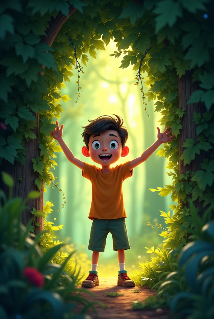 Show Max, wide-eyed and excited, pushing aside some overgrown bushes to reveal the entrance to a hidden forest. The forest entrance should be lush, with a soft glow emanating from within, making it look mysterious and inviting.*