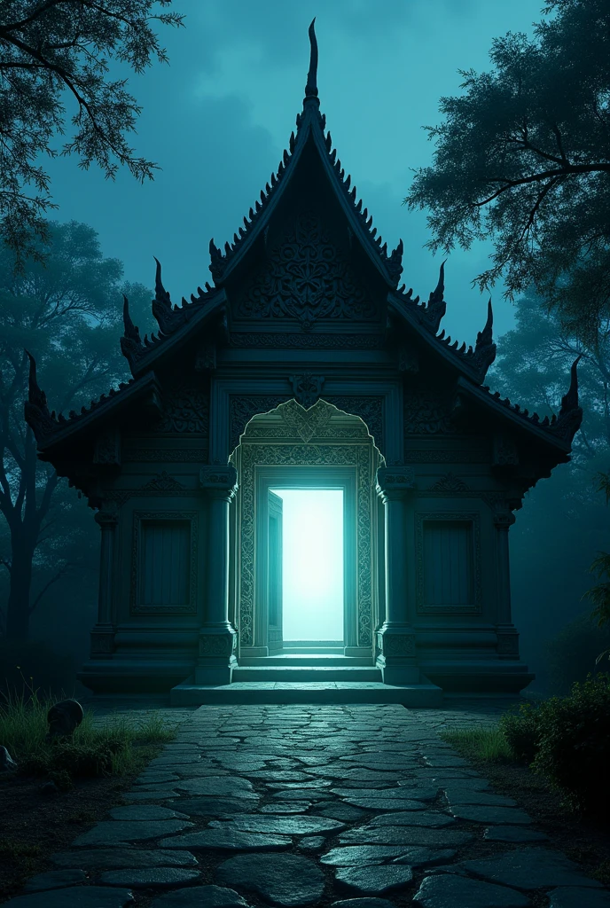 (Masterpiece:1.2,Highest quality,Ultra high resolution,very detailed,realistic,Ultra high resolution,8ก,Wallpaper,(ภาพถ่ายhorror),(The picture shows details of an ancient Thai-style house.),There is a scary bright light.,nighttime,Thailand,Quiet and scary,horror