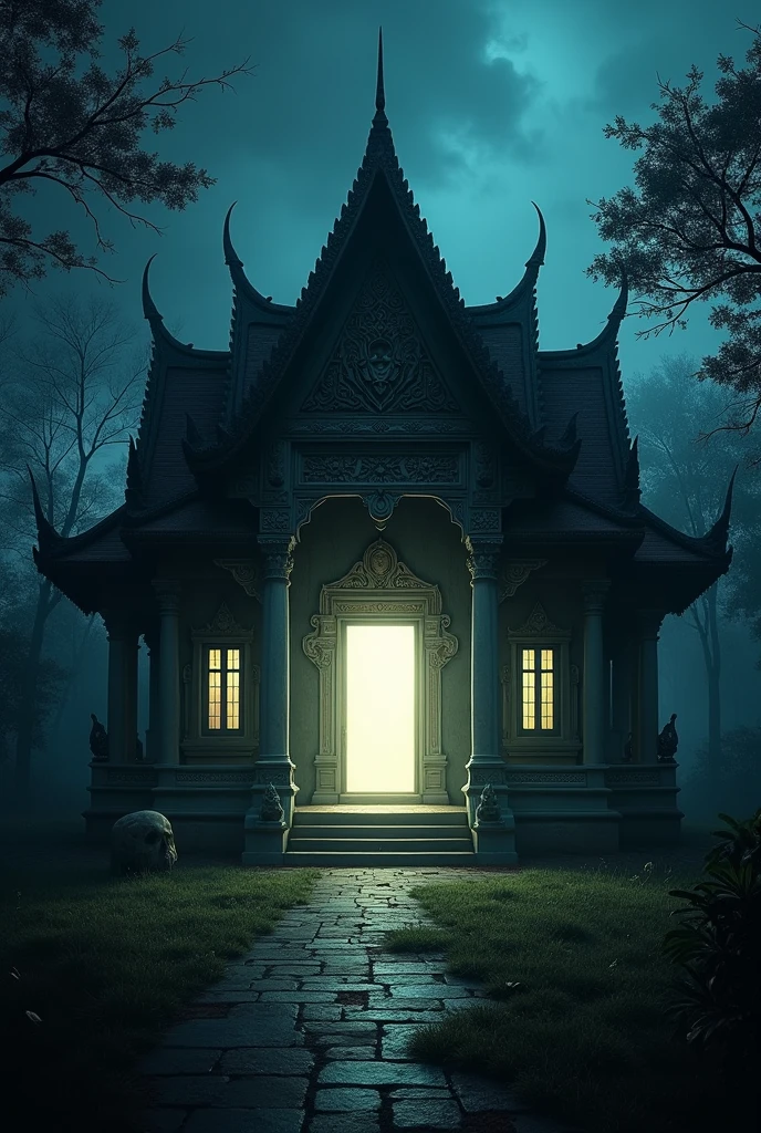 (Masterpiece:1.2,Highest quality,Ultra high resolution,very detailed,realistic,Ultra high resolution,8ก,Wallpaper,(ภาพถ่ายhorror),(The picture shows details of an ancient Thai-style house.),There is a scary bright light.,nighttime,Thailand,Quiet and scary,horror