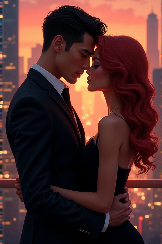 Realistic picture. A handsome man wearing a black suit, expressive eyes, black hair, light skin, pointed nose, clean face. He was hug by a beautiful woman, light skin, pinkish lips, pointed nose, cream color hair with red highlights, wearing black dress. In the a silhouette of buildings and city lights.