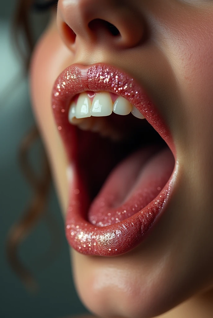 Extreme closeup of young female mouth, glittery lipgloss, mouth very wide open