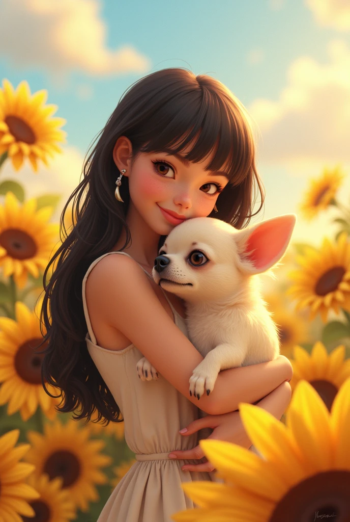 Believe me girl skin skin cqne bangs black hair sunflowers background Disney pixal hugging cream colored Chihuahua dog 🧴
