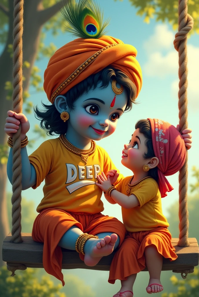 Generate an image where a kid wearing shirt name "deep" sitting on swing playing with shree krishna ,make DEEP written enlarge and the kid must wear turban