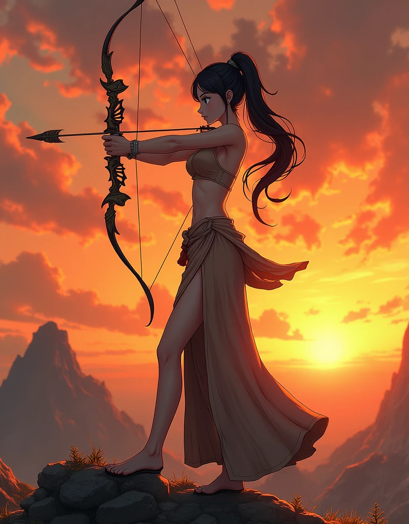 Create a anime style landscape image. Vertical, full-body image of a woman standing on a rocky outcrop at sunset. She is depicted in profile, drawing a bow with an arrow aimed forward. The bow is intricately designed with ornate details. The woman has long, flowing hair tied back in a high ponytail, and she is wearing a two-piece outfit consisting of a bandeau top and a long, flowing skirt with a slit, both in earthy tones. Her skin is a warm, sun-kissed tone, and she has a focused expression. The background features a dramatic sunset with vibrant orange and yellow hues, casting a warm glow over the scene, and a mountainous landscape in the distance.