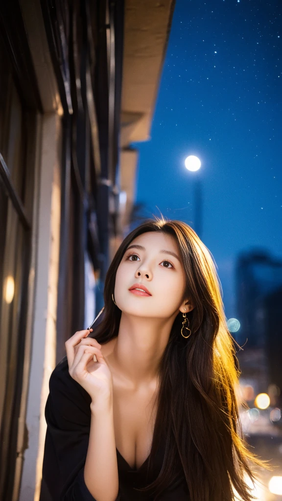 high resolution、Japanese women、Beauty、cute、(Brown long hair hairstyle:2.0)、Small face、Beautiful skin、Large breasts、Reality Stick、summer、night、(Stars in the sky:1.5)、(A long-sleeved, buttoned-up black shirt:1.5)、Sexy look、I have nothing in my hands、Looking up at the sky