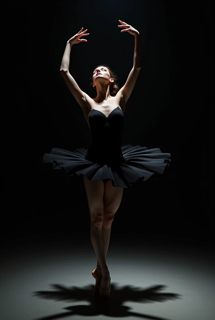 Na capa, a female figure, in a ballet pose, on a completely black background. The light that falls on it projects a shadow on the ground that transforms into the silhouette of a swan with its wings spread.. The contrast between the illuminated figure and the dark background is striking.
se trata de uma bailarina que trata conflitos internos e está passando pelos estágios do luto
The light that falls on it projects a shadow on the ground that transforms into the silhouette of a swan with its wings spread.. The contrast between the illuminated figure and the dark background is striking.
the clothes are black