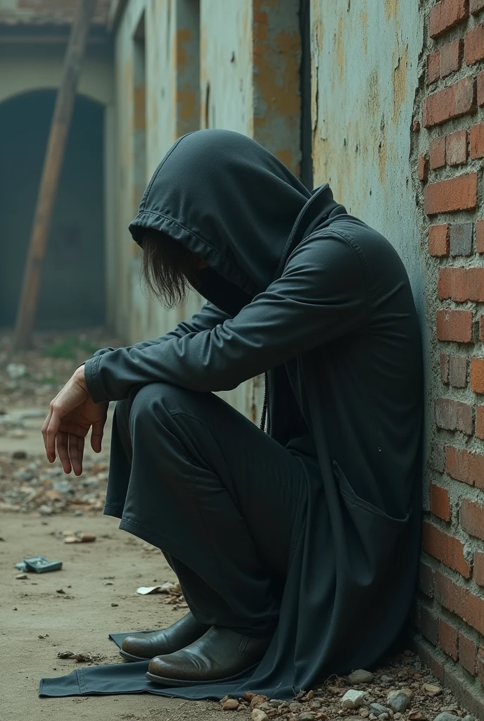 A person with low self-esteem leans against the wall,The desolate and dilapidated scene around me,Head down,Can't see the face