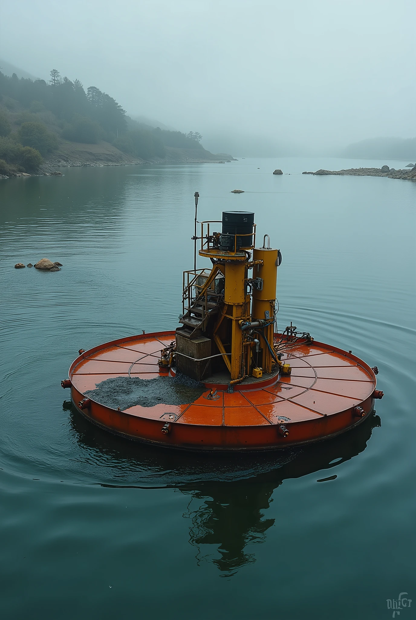 Disc type oil skimmer which is floating on water and monitoring