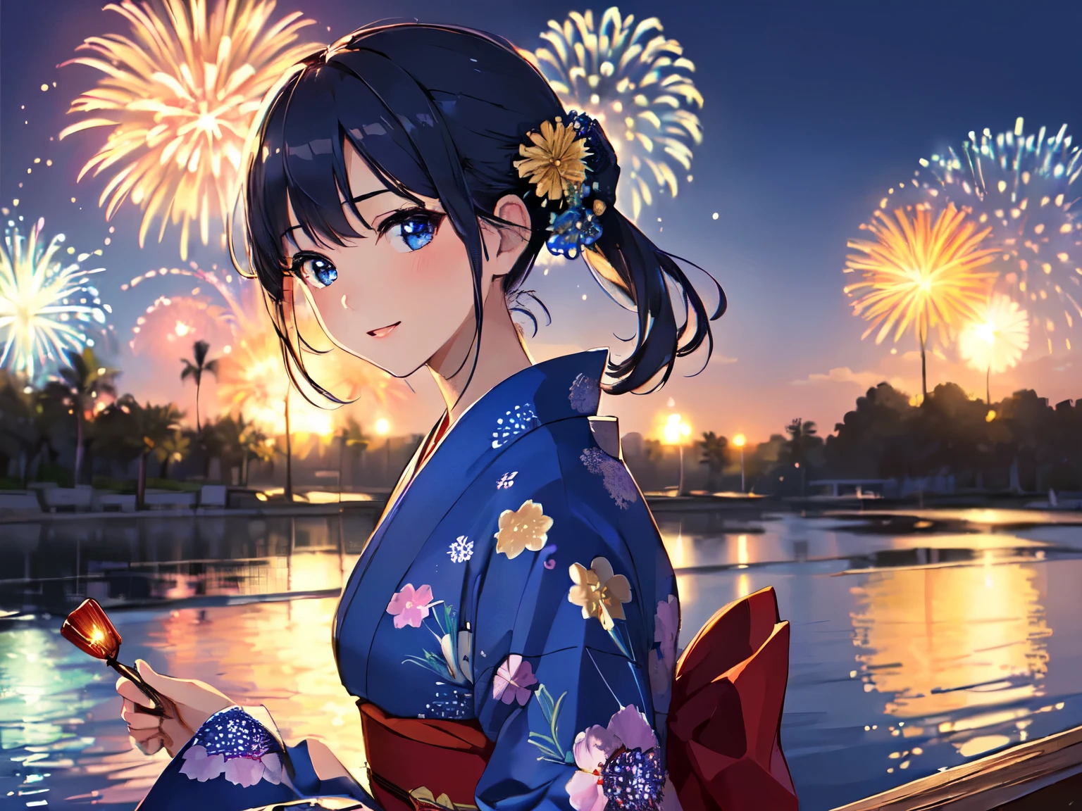 ((masterpiece, top quality, super definition, high definition)), solo, beautiful girl, shining eyes, perfect eyes, , blue theme, yukata, fireworks