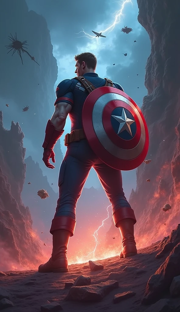 Illustrate Captain America standing on the edge of a crumbling cliff, gazing into an uncertain and fractured future. He’s positioned in the foreground, viewed from a slight side angle, with his shield strapped to his back, glowing faintly. His posture is strong but weary, his head slightly bowed as he contemplates the shattered landscape before him. The background expands into a vast, broken world filled with jagged, floating landmasses, twisted trees, and remnants of past battles suspended in mid-air. The sky is a deep blend of dark purples and blues, with streaks of light piercing through, hinting at a potential dawn. The ground beneath him is cracked, with fragments of earth hovering slightly above the surface, connected by thin, glowing threads of temporal energy. The scene is melancholic and reflective, with Captain America’s stance conveying the weight of his thoughts as he faces an uncertain future. The focus remains on his introspective pose, with the vast, broken landscape enhancing the emotional tone of the scene, symbolizing the shattered timeline he now confronts.