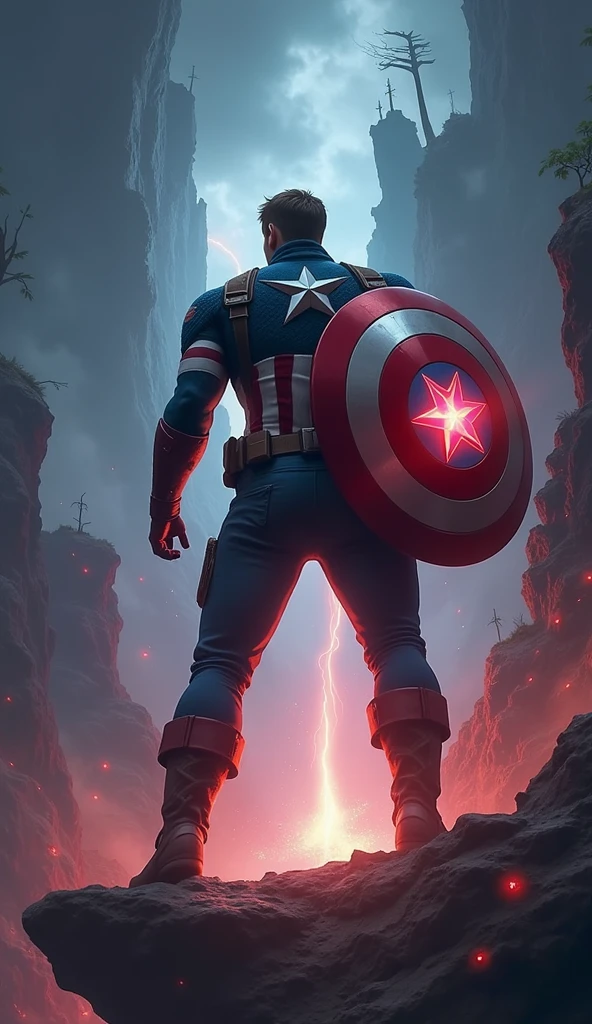 Illustrate Captain America standing on the edge of a crumbling cliff, gazing into an uncertain and fractured future. He’s positioned in the foreground, viewed from a slight side angle, with his shield strapped to his back, glowing faintly. His posture is strong but weary, his head slightly bowed as he contemplates the shattered landscape before him. The background expands into a vast, broken world filled with jagged, floating landmasses, twisted trees, and remnants of past battles suspended in mid-air. The sky is a deep blend of dark purples and blues, with streaks of light piercing through, hinting at a potential dawn. The ground beneath him is cracked, with fragments of earth hovering slightly above the surface, connected by thin, glowing threads of temporal energy. The scene is melancholic and reflective, with Captain America’s stance conveying the weight of his thoughts as he faces an uncertain future. The focus remains on his introspective pose, with the vast, broken landscape enhancing the emotional tone of the scene, symbolizing the shattered timeline he now confronts.